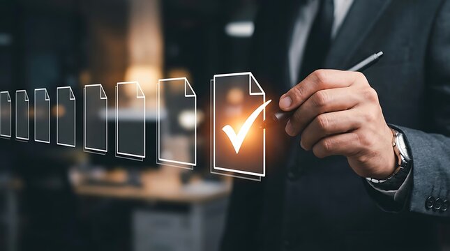 Businessman's hand using stylus to select a document with a glowing checkmark, representing successful task completion and digital confirmation in business.
