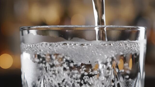 Clear Liquid Being Poured into a Frosted Glass with Bubbles.