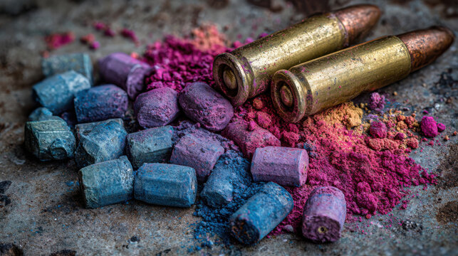 Colorful powder and bullets symbolize economic warfare with vibrant blue and pink pigments on rough surface