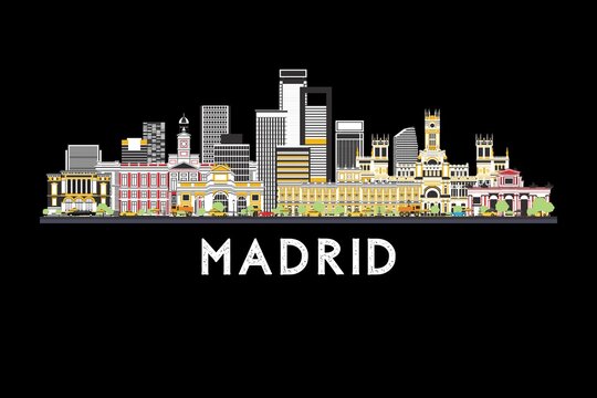 Modern Madrid, Spain skyline illustration with iconic buildings, colorful urban architecture, and black background cityscape design.
