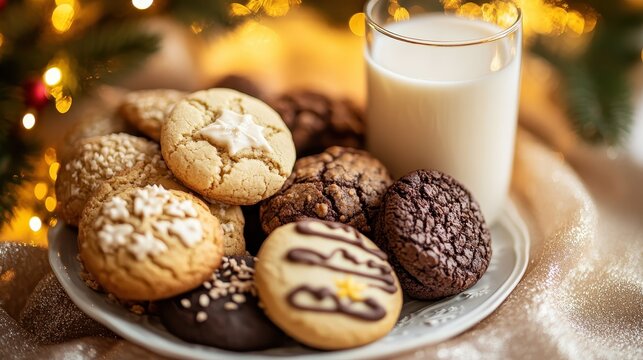 A Close-up of Assorted Christmas Cookies with a Glass of Milk on a Festive Plate