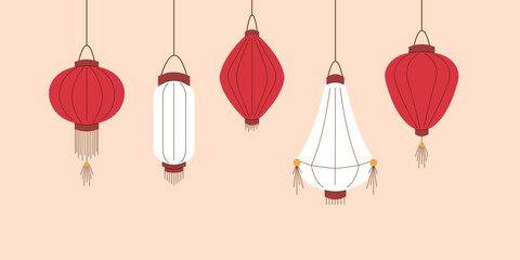 Chinese traditional paper lantern in flat style. Oriental street decoration. Asian festival illustration for greeting card. © Iryna