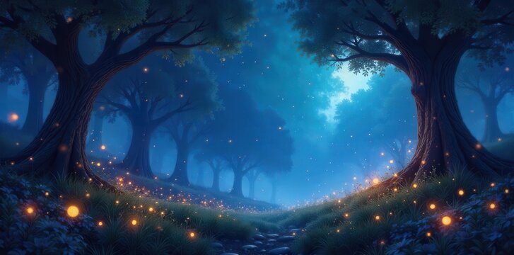 A surreal dream template featuring a whimsical forest with glowing fireflies, mysterious fog, and a vibrant night sky , mysterious, enchanting