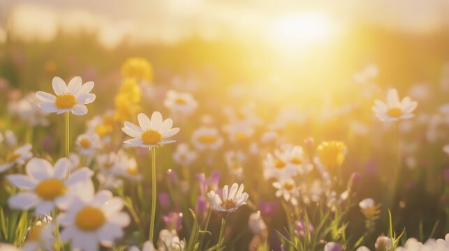 A sun-drenched meadow bursting with vibrant spring wildflowers in full bloom bathed in warm golden sunlight