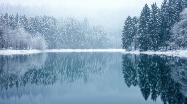 A Serene Winter Wonderland With Snow Covered Pine Trees Reflecting On A Calm Frozen Lake