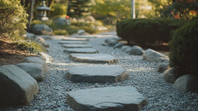 A peaceful stone path winds through a tranquil zen garden inviting calm and contemplation amidst nature