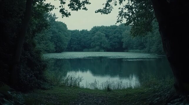 A tranquil lake scene surrounded by lush green trees and foliage reflecting the soft peaceful ambient light