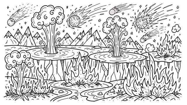 Apocalyptic landscape with burning trees.