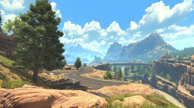 A winding mountain road leads to a distant bridge with snow-capped peaks under a bright blue sky with clouds