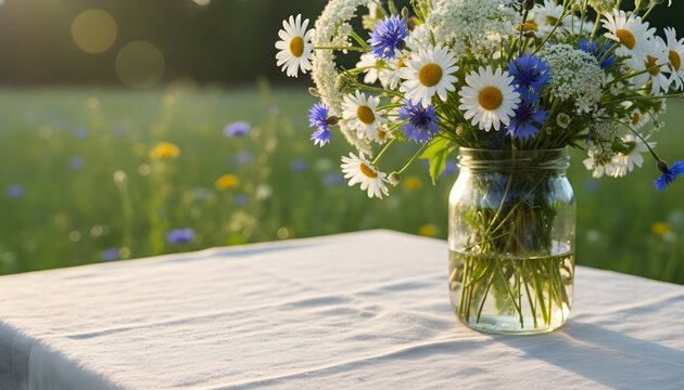 Bouquet of fresh wildflowers in a glass jar on a table for a midsummer festival midsommar celebration concept, rustic outdoor meadow scenery during golden hour