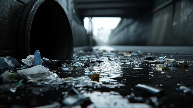 Accumulation of trash and debris near a polluted storm drain after heavy rain in an urban setting