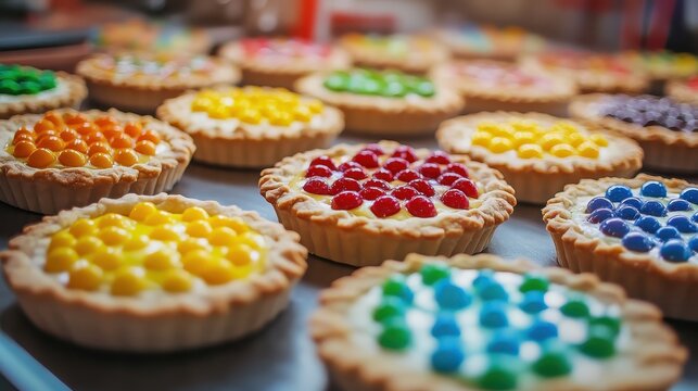 Assortment of Small Fruit Tarts with Vibrant Toppings Artfully Arranged on a Kitchen Countertop