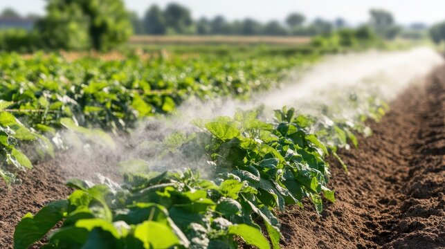 Agricultural pesticide spray on green crops in a sunny farm field