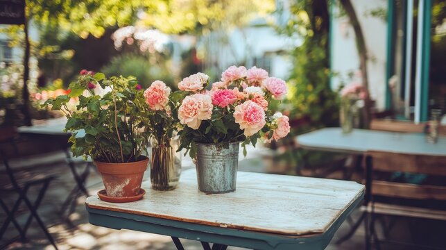 Charming garden cafe with outdoor seating adorned with soft pink floral decor and warm lighting