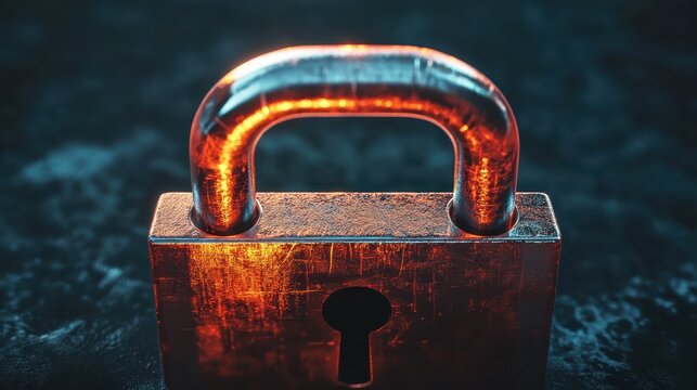 Close-up of a glowing metallic padlock with a keyhole, symbolizing digital data security and protection against cyber threats.