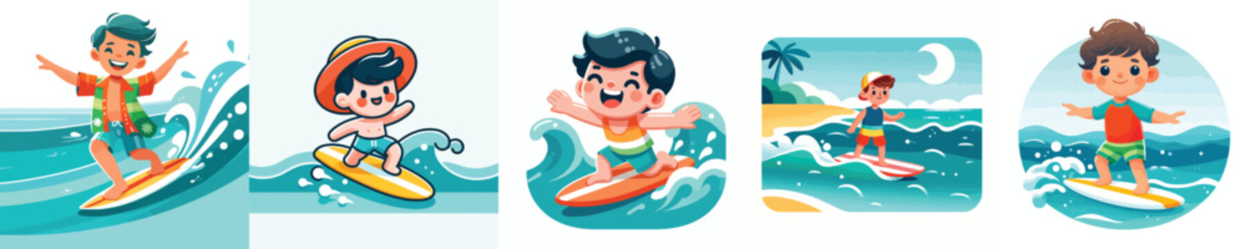 vector of a little boy surfing the waves on the beach
