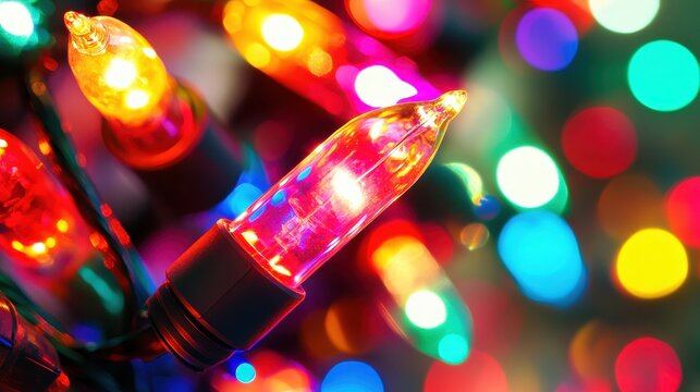 Close-up of vibrant, colorful festive lights creating a blurred bokeh effect, ideal for holiday and celebration themes