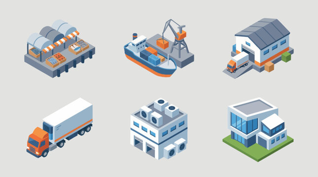 Isometric icons of industrial and transportation buildings.