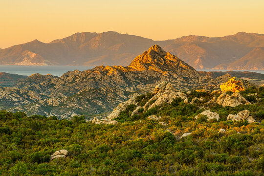 Corsica's Agriates desert landscape, showcasing rugged rocky mountains and green maquis vegetation under golden light, with the sea and distant peaks, an ideal travel destination.