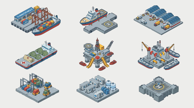 Isometric industrial construction site equipment icons.