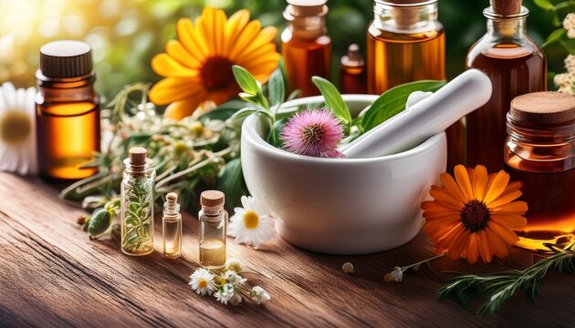 herbal medicine combined with homeopathic remedies surrounded by herbs and flowers