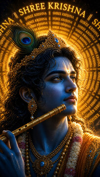 Lord Krishna playing divine flute in side profile with sacred mantra background, cinematic Hindu art