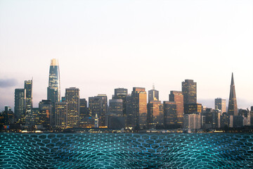 Fototapeta premium Smart city skyline of San Francisco California with illuminated buildings above a glowing digital hexagonal grid concept of modern iot tech landscape.