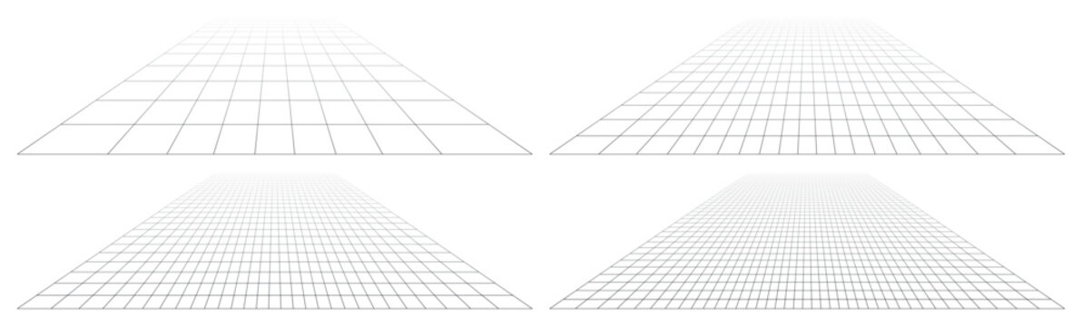 Clean white background with subtle gray perspective grids forming minimal geometric surfaces and depth showcasing structured wireframe planes ideal for architectural concepts presentations and modern