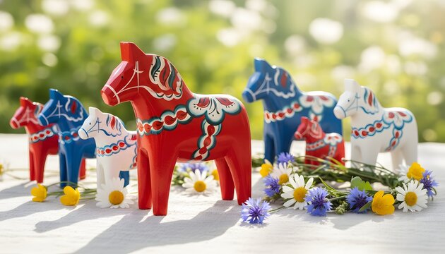 Colorful swedish dala horses used as decorations for a traditional midsummer festival midsommar celebration concept outdoors with summer wildflowers in bright sunlight
