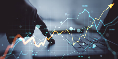 Fototapeta na wymiar Finger pushing digital stock chart with upward arrow showing business growth on abstract technology background concept of progress and analytics.