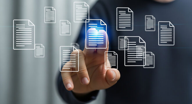Digital Data at Hand: A person's hand interacts with a holographic array of digital documents, symbolizing access to and control of data and information in the digital age. 