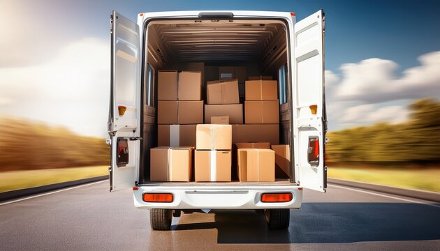 a rear view of a white cargo truck with the back door open revealing the interior filled with brown parcel boxes delivery transportation and logistics concepts