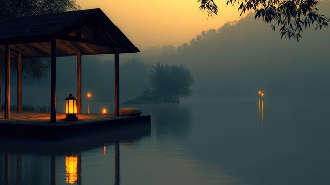 Cozy lakeside cabin with a glowing lantern on the porch overlooking a misty lake at sunset.