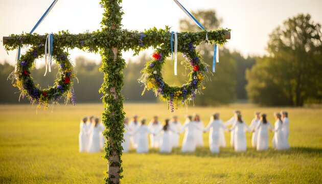 Traditional Midsummer Festival Midsommar gathering around a maypole singing songs in a sunlit field for a cultural heritage concept