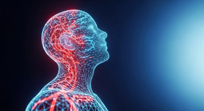 A human head and shoulders with a network of lines and colors illustration