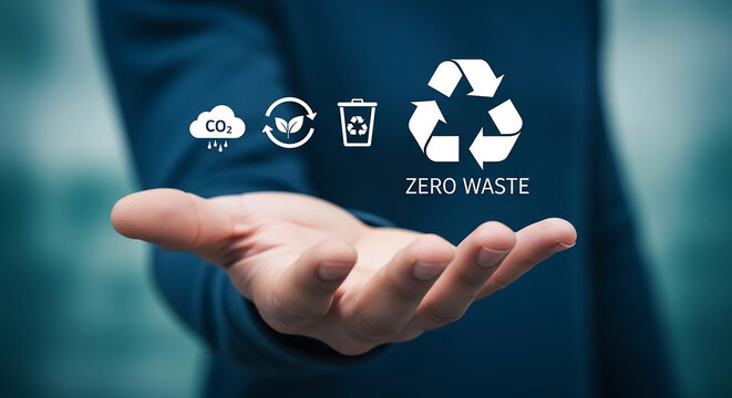 Embracing Sustainability: A hand delicately cradles eco-conscious symbols, embodying the commitment to waste reduction and environmental stewardship.