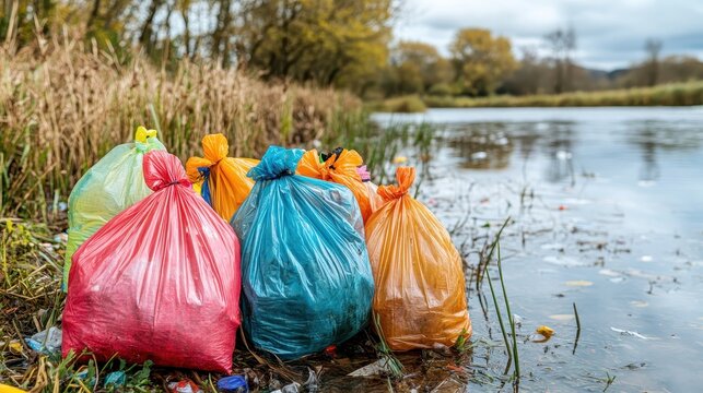 Discarded plastic bags tangled in reeds along a polluted riverbank, illustrating environmental damage.