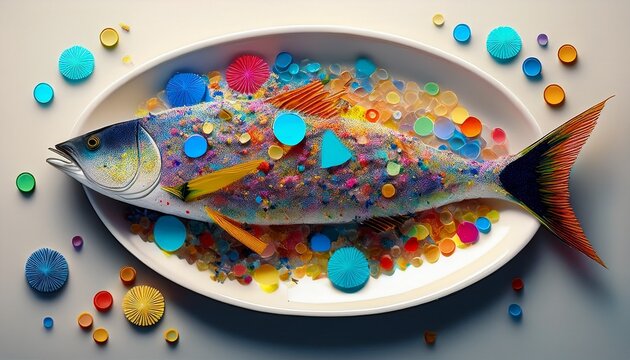 fish covered with micro plastics on a white plate generative ai