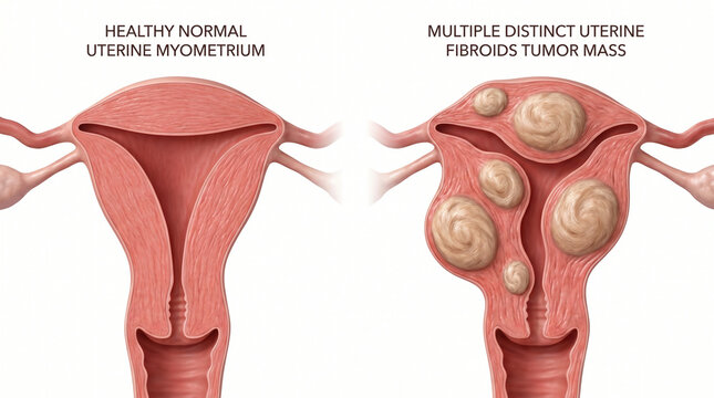 Multiple Distinct Uterine Fibroid Tumor Masses in Uterus Myometrium