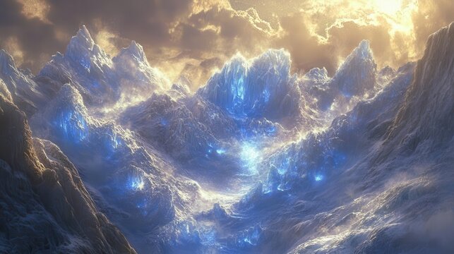 Dramatic ice formations illuminated with ethereal blue light amidst a frozen mountain landscape, evoking a sense of awe and extreme adventure