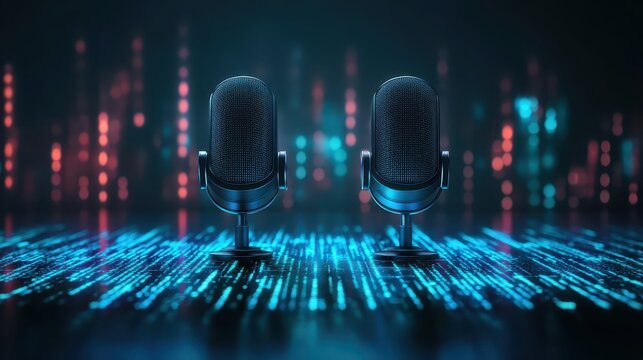 Dual Studio Microphones on Futuristic Digital Data Waves, Representing Voice Command AI and Audio Technology Innovation