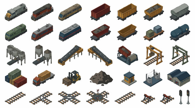 Collection of various train track components and trains.