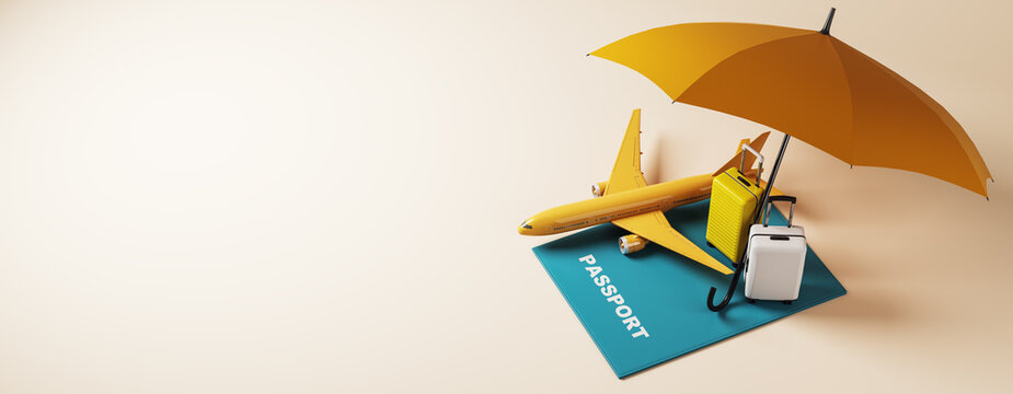 Travel essentials with yellow airplane, luggage, umbrella and passport arranged on a soft light background symbolizing a relaxed vacation journey concept. 3D Rendering