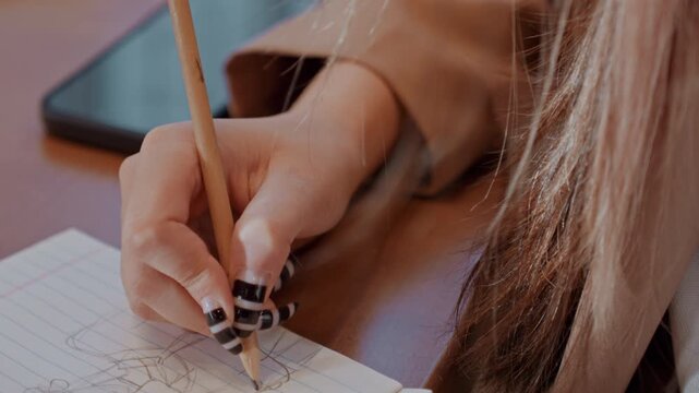 Architect carefully sketches detailed design. Close view of architect creating detailed sketches. An architect diligently working on detailed design sketches using pencil and digital devices
