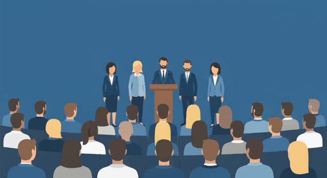 Professional Business Presentation Illustration with Speaker at Podium Team and Large Audience