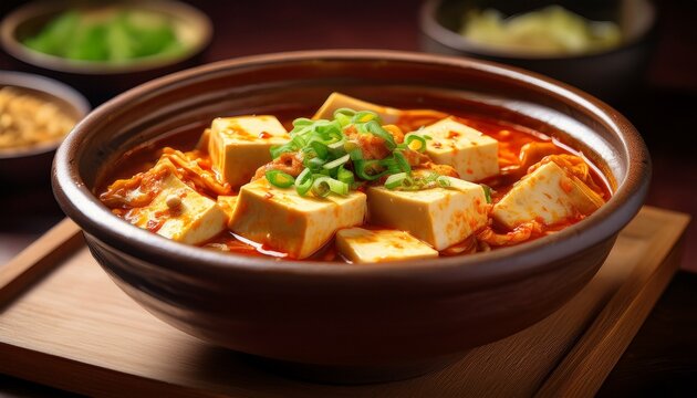 close up of tofu kimchi stew a korean dish made with tofu and kimchi boiled in an earthenware bowl on the table generative ai