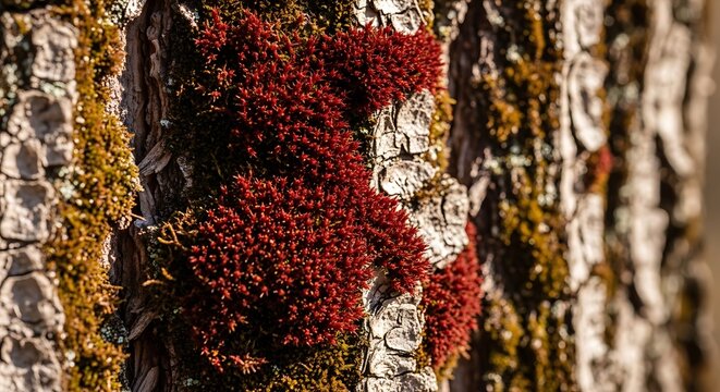 Close up of textured tree bark with vibrant red and green moss growth