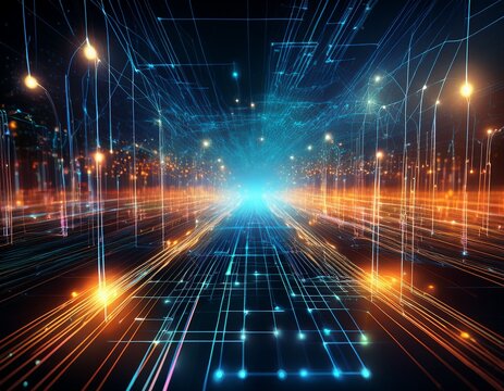 abstract technological singularity an artistic depiction of interconnected nodes in a digital network with light trails suggesting data flow and the convergence of technology