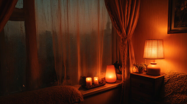 Aesthetic room with candles and warm orange lamp glow ,tiny room, cozy falt, room and it's raining outside the window, eveninig and in the flat and the light is on in the lamp, eth