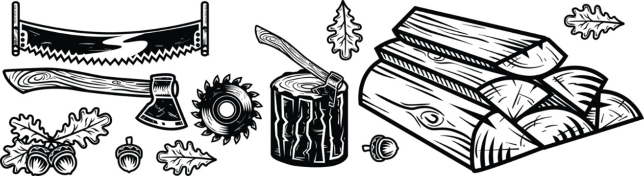 Camping and firewood sketch collection isolated on white background. Hand drawn outdoor survival elements with logs, axe and campfire details. Rustic nature graphics for adventure design.